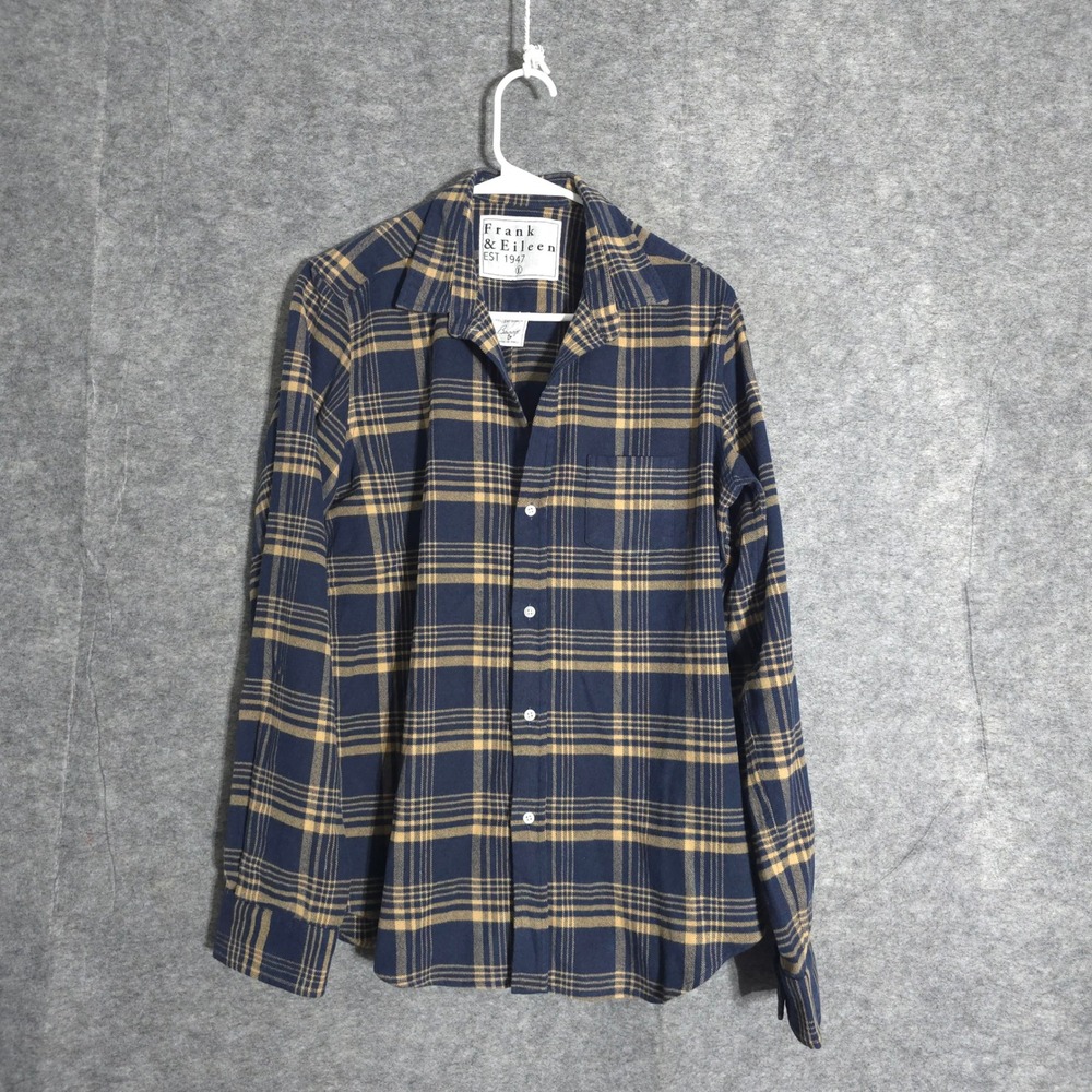 Frank & Eileen Barry Shirt Womens L Navy Tan Plaid Flannel Cotton Button Up Top